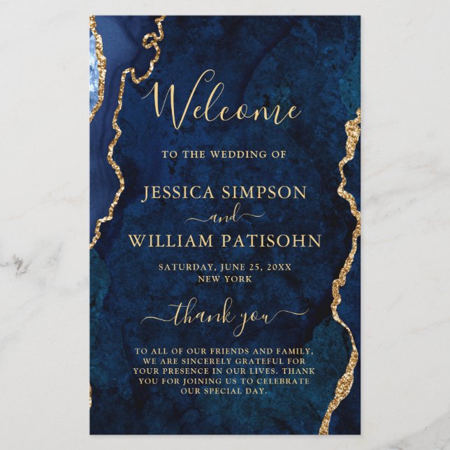 Blue Golden Marble Agate Wedding Ceremony Program (Front)