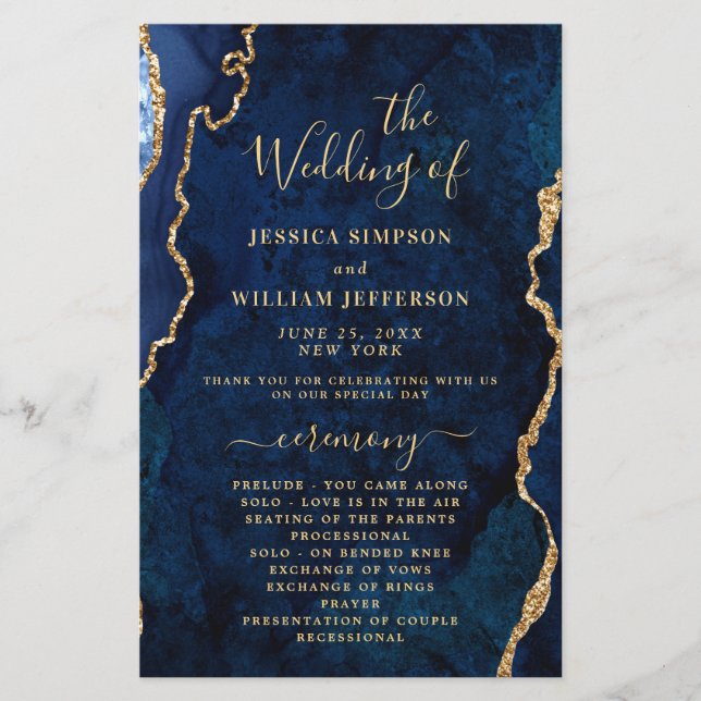 Blue Golden Marble Agate Wedding Ceremony Program (Front)