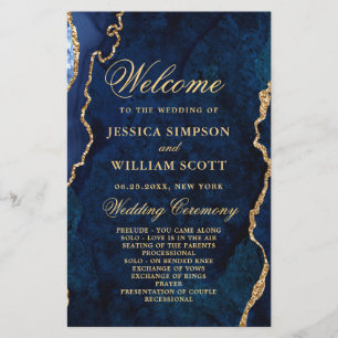 Blue Golden Marble Agate Wedding Ceremony Program