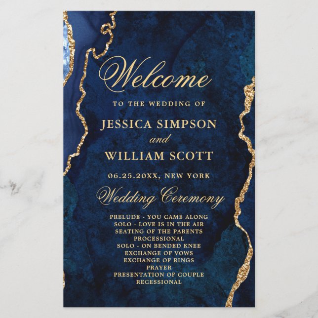 Blue Golden Marble Agate Wedding Ceremony Program (Front)