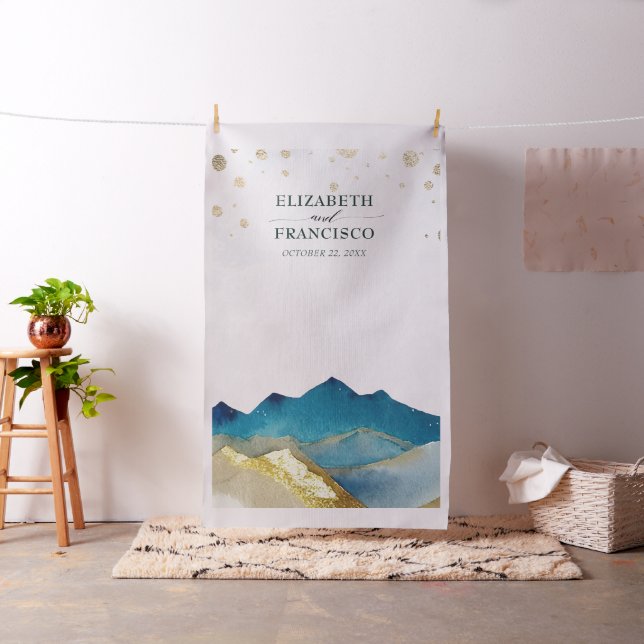 Blue Golden Mountains Wedding Photo Booth Backdrop (In Situ)