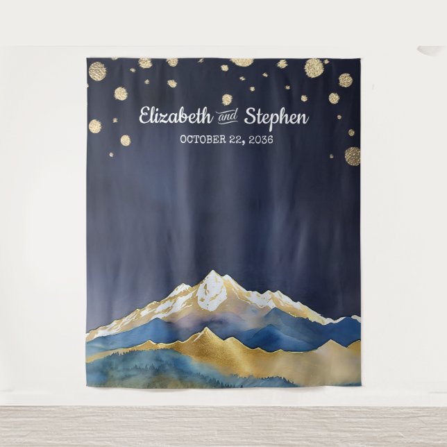 Blue Golden Mountains Wedding Photo Booth Backdrop Tapestry (Front)