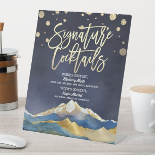 Blue Golden Mountains Wedding Signature Drink Menu Pedestal Sign