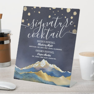 Blue Golden Mountains Wedding Signature Drink Menu Pedestal Sign