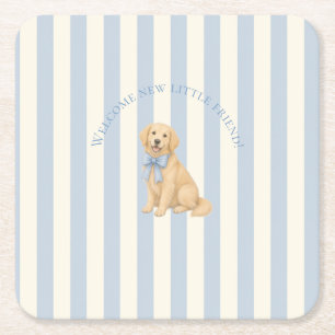 Blue Golden Retriever Baby Shower  Square Paper Coaster