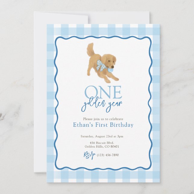 Blue Golden Retriever Golden Year First Birthday Invitation (Front)