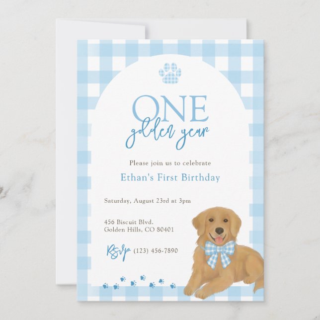 Blue Golden Retriever One Golden Year Birthday Invitation (Front)