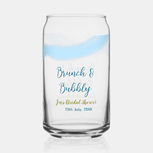 Blue golden watercolor bubbly and brunch bridal sh can glass