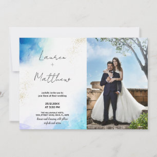 Blue Golden Wedding Invitations with photo