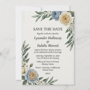 Blue & Golden-Yellow Rose Botanical Elegant Save Invitation