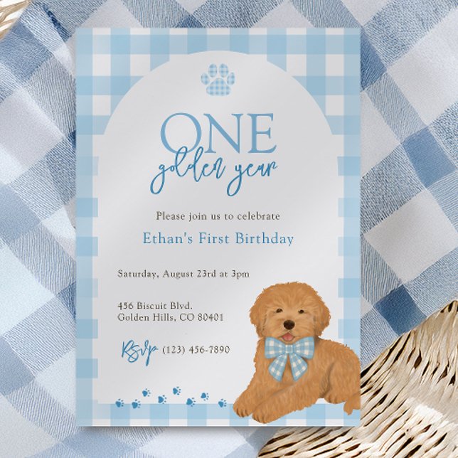 Blue Goldendoodle Dog One Golden Year Birthday Invitation (Creator Uploaded)