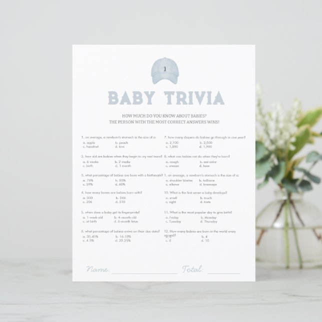 Blue golf baby shower baby trivia game (Standing Front)