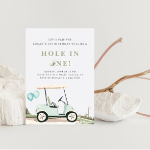 Blue Golf Cart Boy First Birthday Invitation