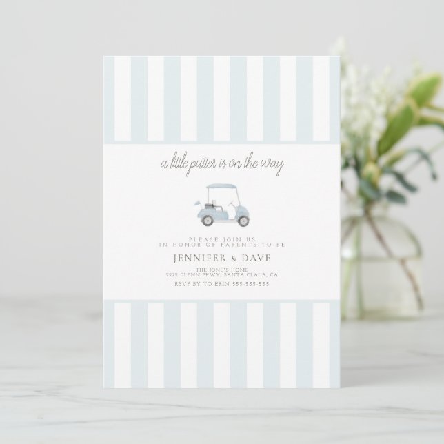 Blue golf cart little putter on the way  invitation (Standing Front)