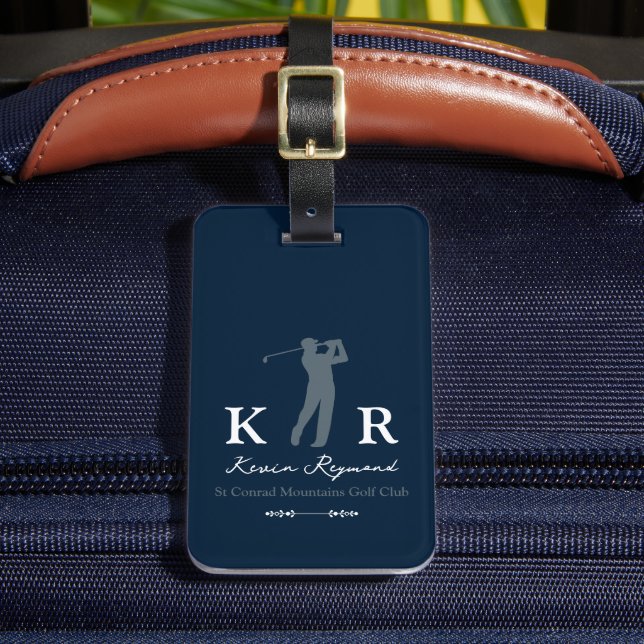 Blue Golf Player with Initials  Luggage Tag (Front Insitu 2)