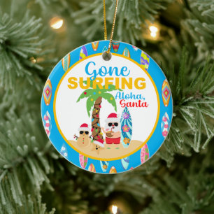 Blue Gone Surfing Santa Round Ceramic Ornament
