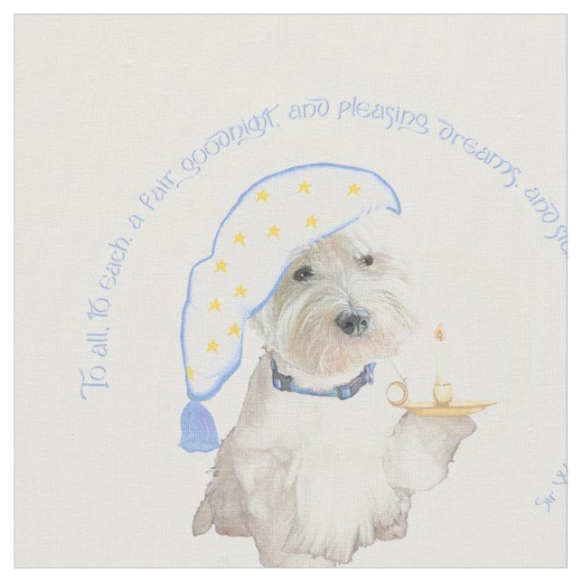 Blue Goodnight Westie with Candle  Fabric (Close Up)