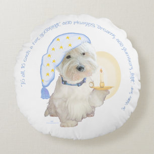 Blue Goodnight Westie with Candle Round Cushion