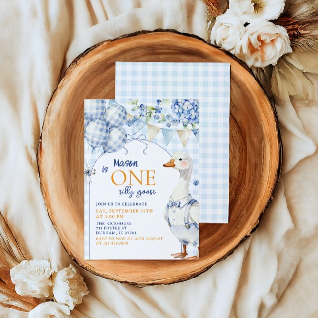 Blue Goose First Birthday Invite Cute Gingham Farm (Creator Uploaded)