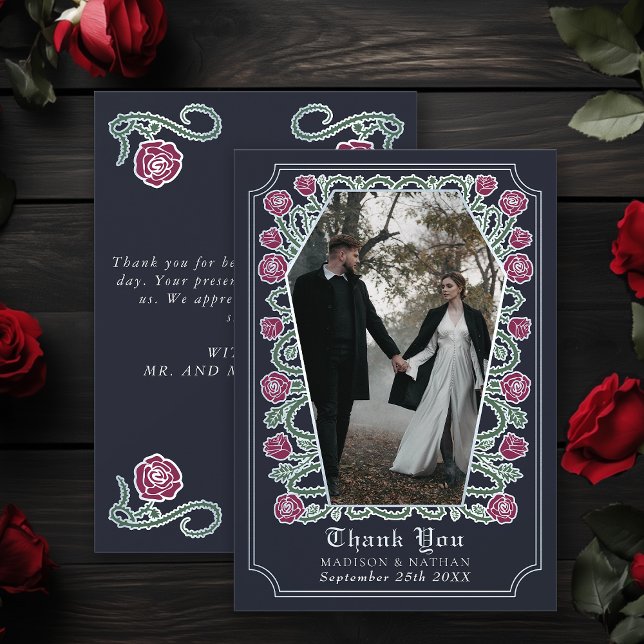 Blue Gothic Coffin Rose Wedding Thank You Card (Creator Uploaded)