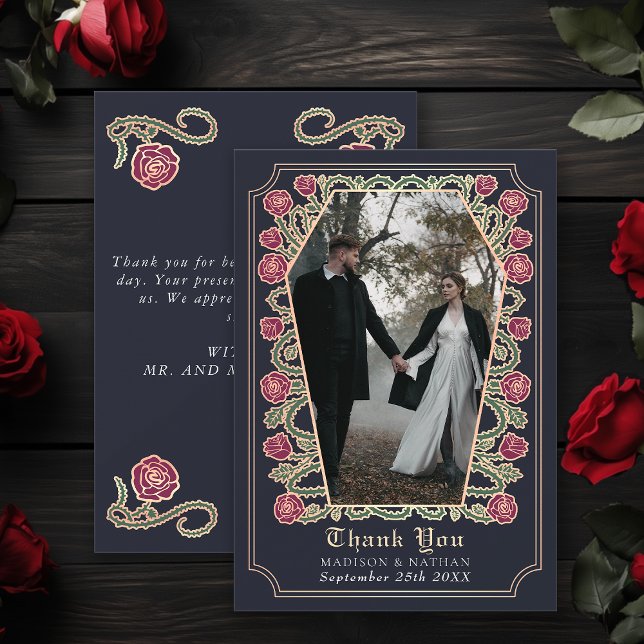 Blue Gothic Coffin Rose Wedding Thank You Card (Creator Uploaded)