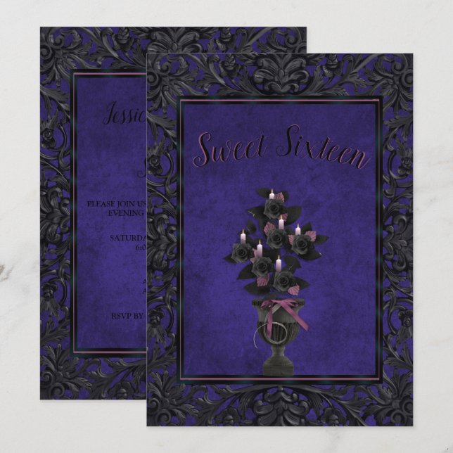 Blue Gothic Frame Black Rose & Candles Sweet 16 Invitation (Front/Back)