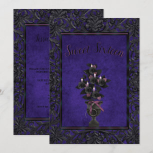 Blue Gothic Frame Black Rose & Candles Sweet 16 Invitation