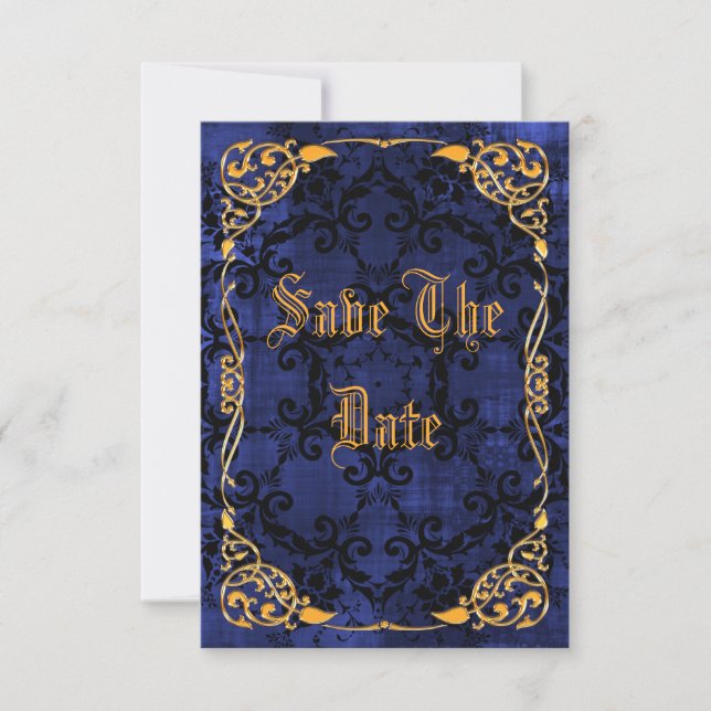 Blue Gothic & Gold Framed 35th Save The Date (Front)