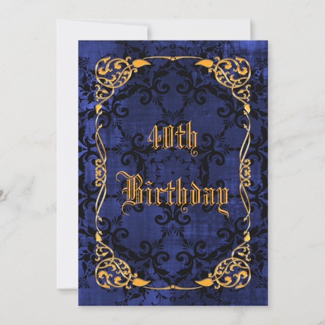 Blue Gothic & Gold Framed 40th Birthday Invitation (Front)