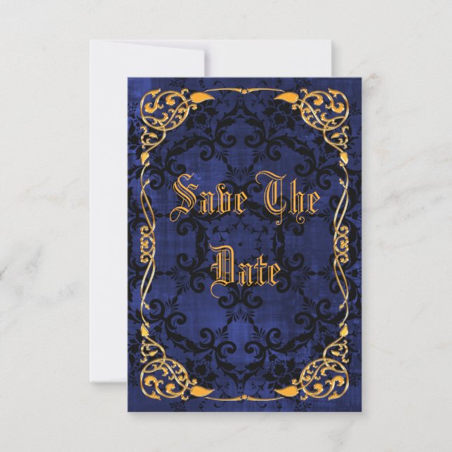 Blue Gothic & Gold Framed 40th Save The Date (Front)