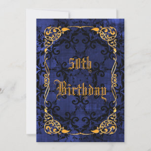 Blue Gothic & Gold Framed 50th Birthday Invitation