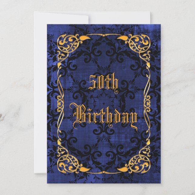 Blue Gothic & Gold Framed 50th Birthday Invitation (Front)