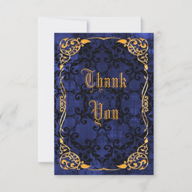 Blue Gothic & Gold Framed Birthday Thank You Card (Front)