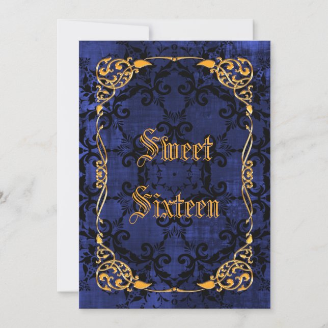 Blue Gothic & Gold Framed Sweet 16 Invitation (Front)