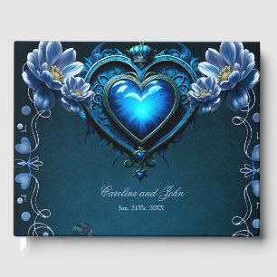 Blue gothic heart surrounded by magical flowers guest book