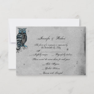 Blue Gothic Owl Posh Wedding Response Card