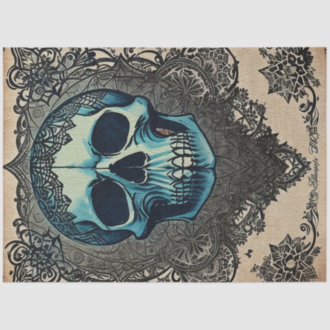 Blue Gothic skull ephemera  Tissue Paper (Front)