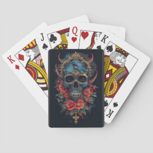 Blue Gothic Skull with Roses and Gold Crown Playing Cards