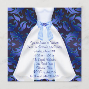Blue Gown Blue Damask Quinceanera Birthday Party Invitation