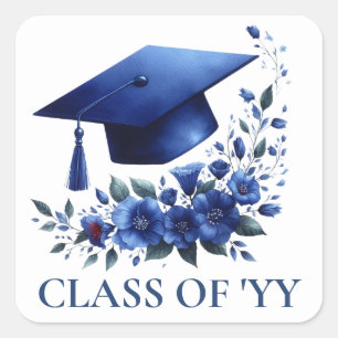 Blue Grad Cap and Flowers Graduate Envelope Square Sticker