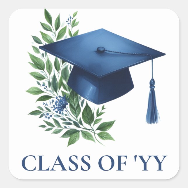 Blue Grad Cap and Green Foliage Graduate Envelope Square Sticker (Front)