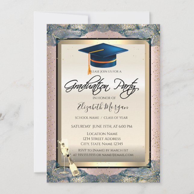 Blue Grad Cap,Wine,Confetti Rose Gold Graduation Invitation (Front)