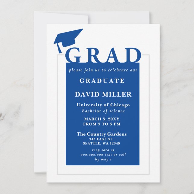 Blue Grad Modern Minimalist Graduation   Invitation (Front)