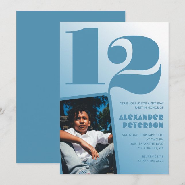 Blue gradient 12th birthday invitations Boy Photo (Front/Back)