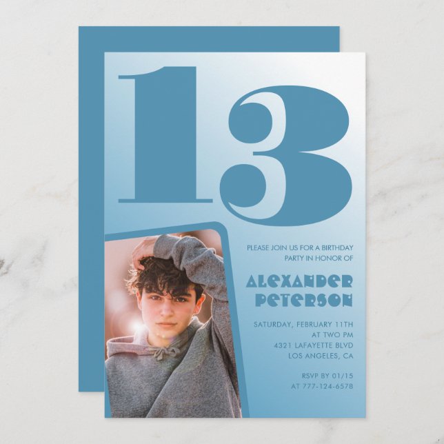 Blue gradient 13th birthday invitations Boy Photo (Front/Back)