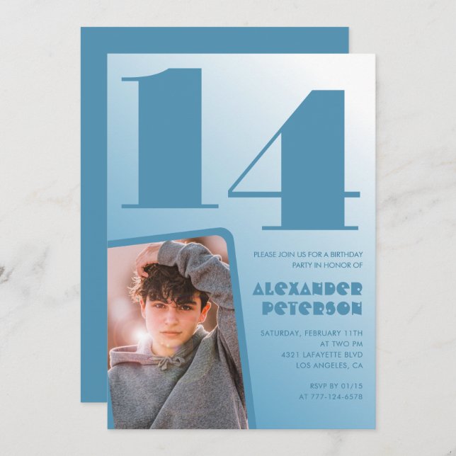 Blue gradient 14th birthday invitations Boy Photo (Front/Back)