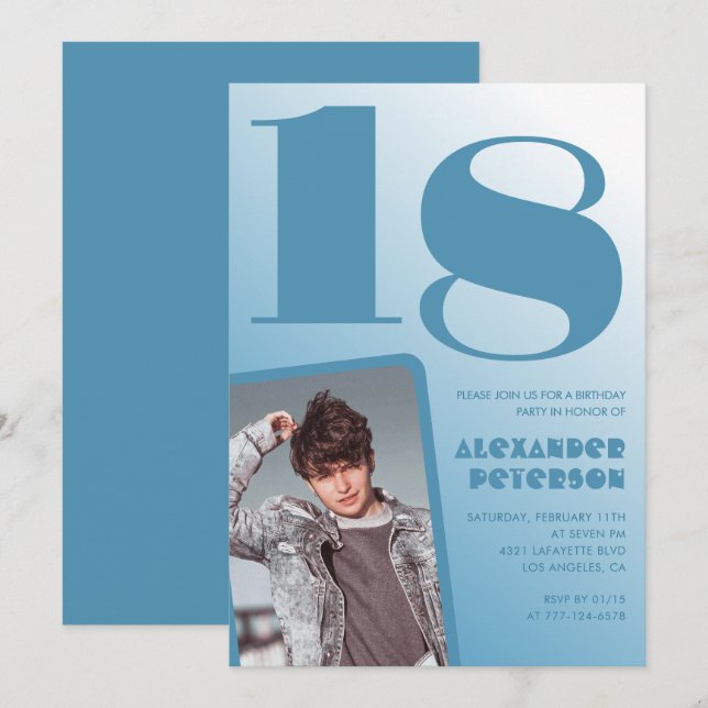 Blue gradient 18th birthday invitations Boy Photo (Front/Back)