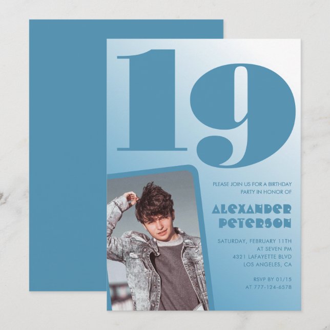 Blue gradient 19th birthday invitations Boy Photo (Front/Back)