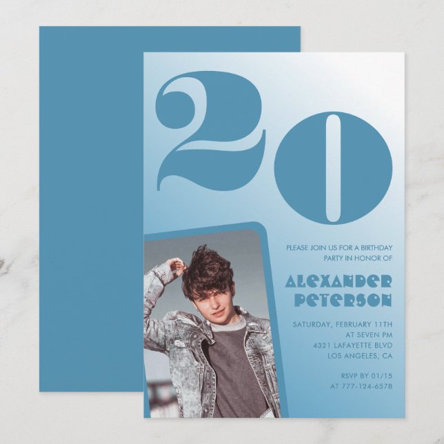 Blue gradient 20th birthday invitations Him Photo (Front/Back)