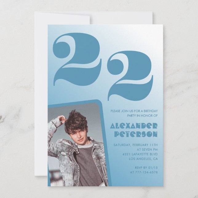 Blue gradient 22nd birthday invitations Boy Photo (Front)